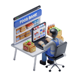 Illustration of a food bank volunteer managing inventory on a computer, with shelves of food items, including canned goods, fruits, and vegetables, visible in the background. The screen displays an inventory management system with product images, quantities, and a clean, user-friendly interface.