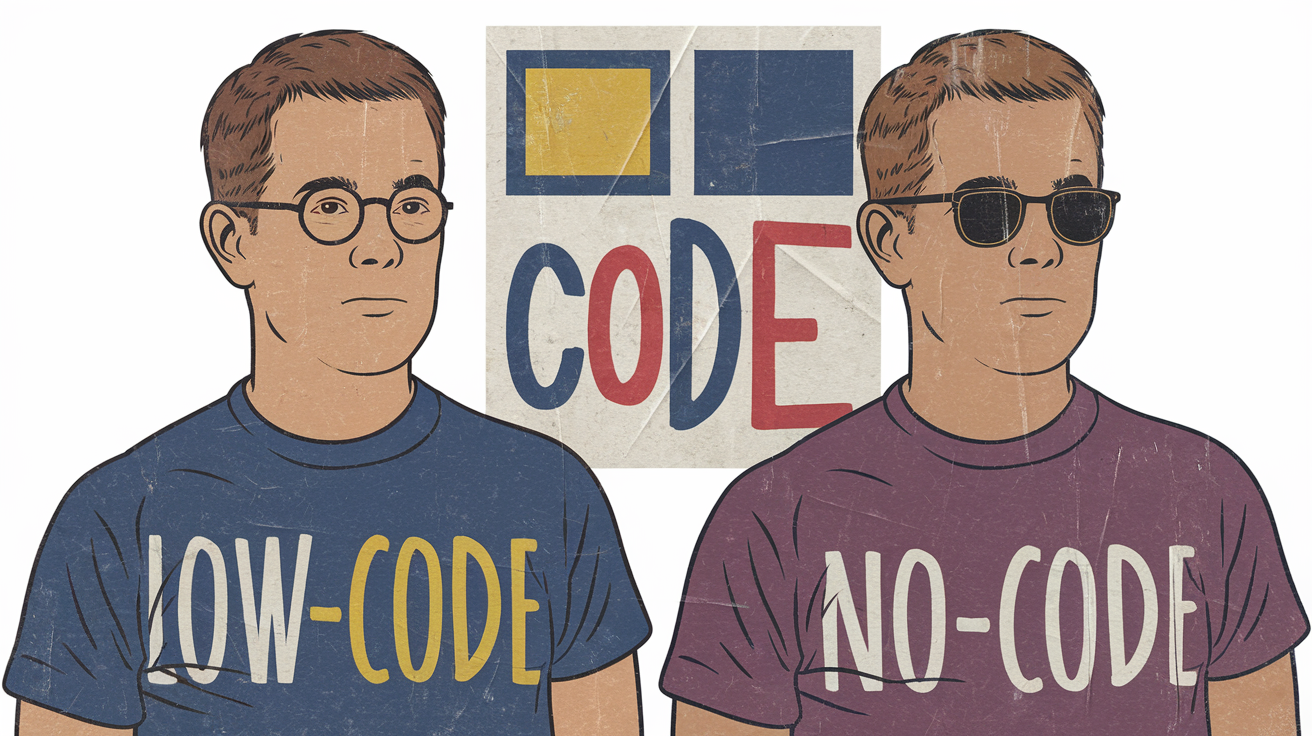 Illustration of two men wearing t-shirts, one labeled ‘LOW-CODE’ and the other ‘NO-CODE,’ with a design featuring the ‘CODE’ text in bold, colorful letters behind them.