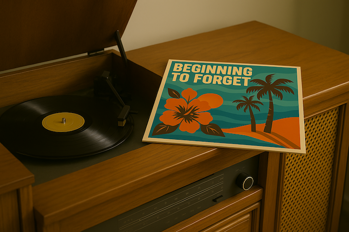 A photo of a record console that has the album cover laying on the top.