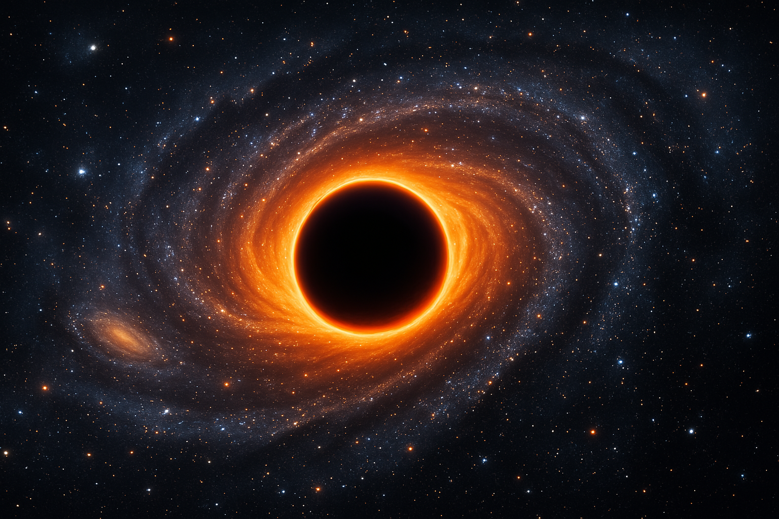 A digital illustration of a black hole surrounded by a glowing orange accretion disk, with spiral galaxies and stars stretching across the dark expanse of space, representing a hypothetical view of our universe existing inside a black hole.